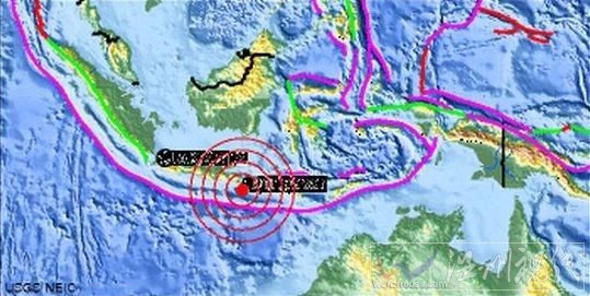 图片显示了巴厘岛地震的震中。（图片来源：美国地质勘探局）