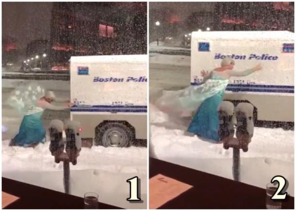 真人版冰雪奇缘！警用车卡在雪堆里 男“艾莎公主”神救援