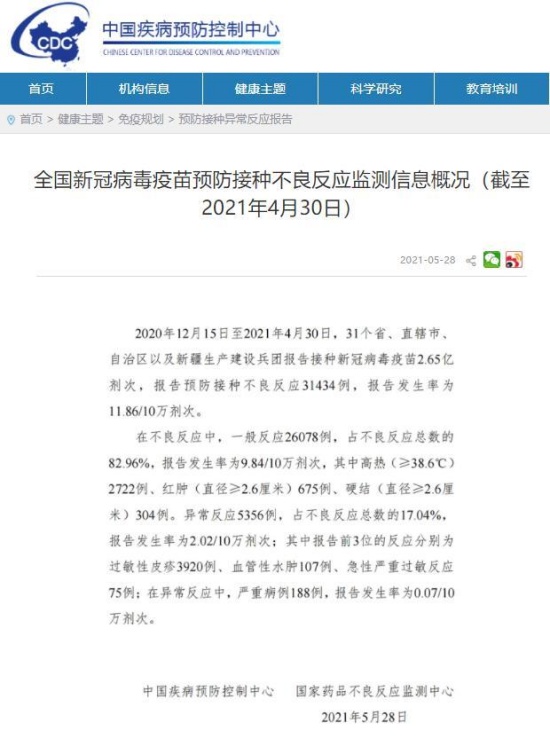 中国新冠疫苗不良反应数据，不良反应11. 86/10万剂次