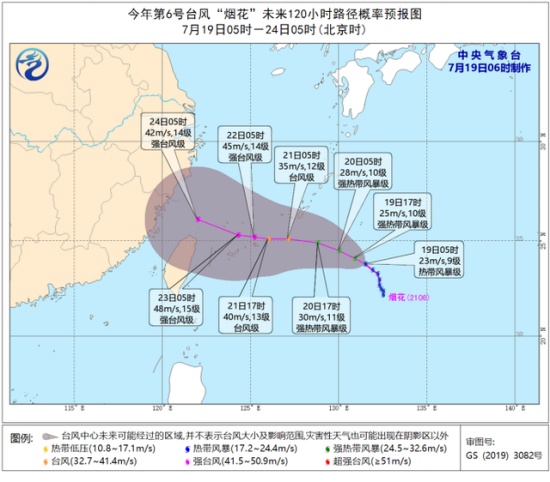 上海台风烟花最新消息，7月19日预报路径。