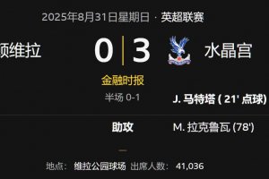 英超联赛阿斯顿维拉0-3水晶宫